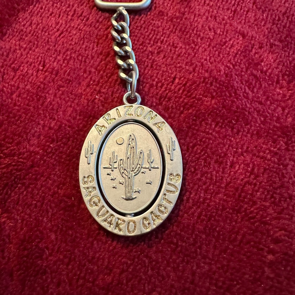 Vintage Arizona Saguaro Cactus Spinner Keychain Silver Tone Desert Souvenir